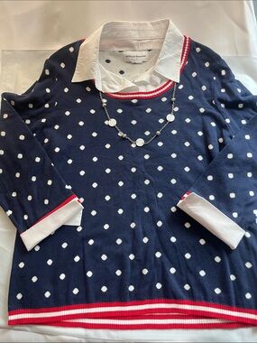 Alfred Dunner Navy Polka Dot Sweater Top with White Collar & Red Trim